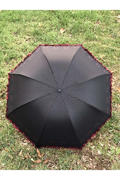 Genel Markalar Rüzgarda Kırılmayan Kenarı Bordo Fırfır Ve Fiyonk Detaylı Siya...