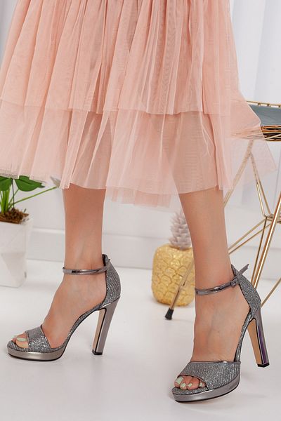 LİLLA High Heel Women's Evening Dress Platinum Color Shoes
