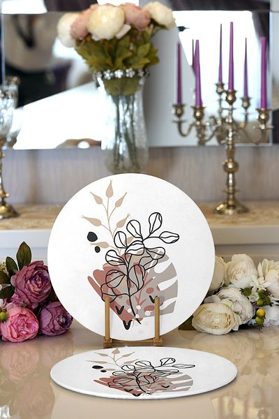 Realhomes 2-Piece Natural Floral Design Digital Printed Decorative Round Plate & Placemat