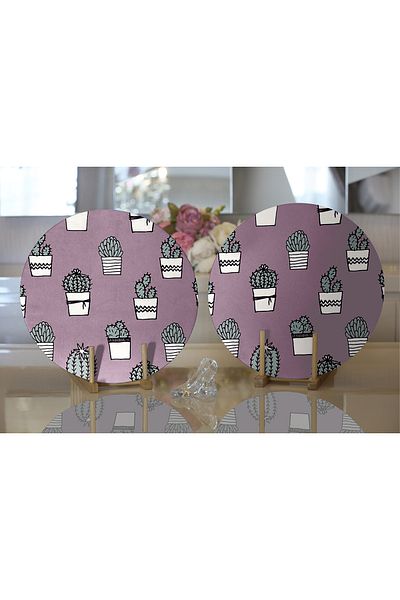 Realhomes 2-Piece Light Purple Floored Cactus Design Digital Printed Modern Round Plate & Placemat