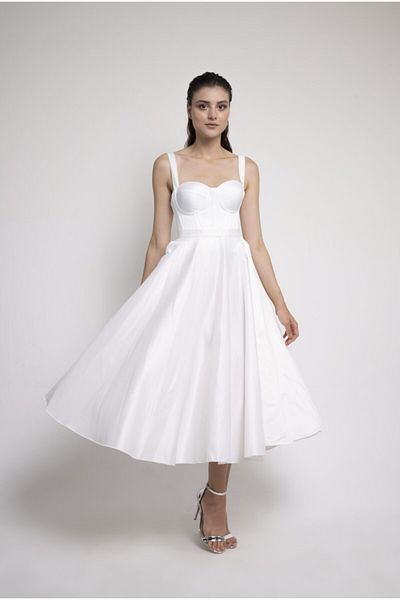 Lenta Moda White Midi Length Satin Evening and Prom Dress