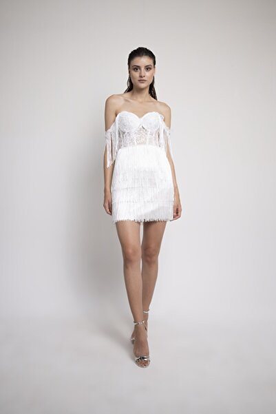 Lenta Moda Beyaz Püskül Etek Detaylı Mini Abiye/Gece Elbisesi