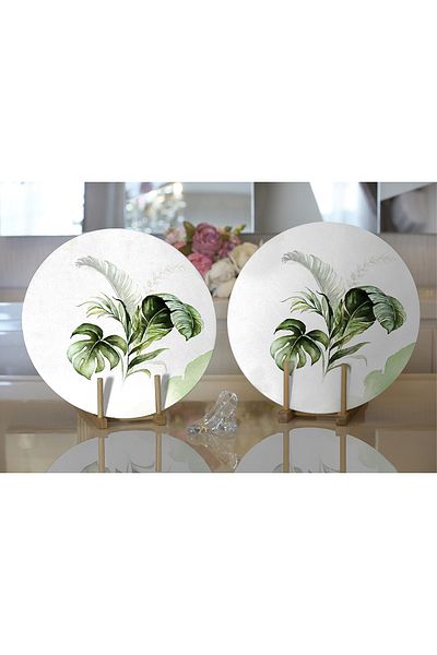 Realhomes 2-Piece Green Tropical Leaf Motif Digital Printed Decorative Round Plate & Placemat
