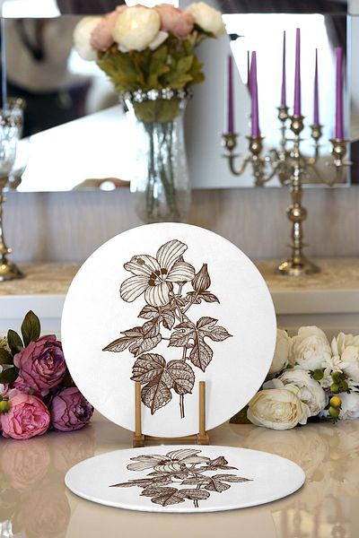 Realhomes 2-Piece Charcoal Flower Patterned Digital Printed Modern Round Charcoal & Placemat