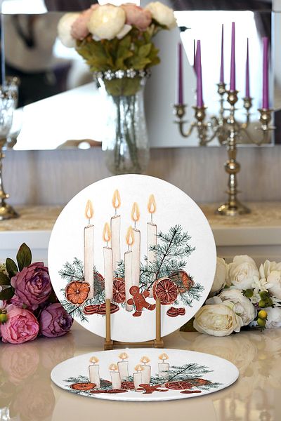 Realhomes 2-Piece Pine Leaf Candle Design Digital Printed Modern Round Charger & Placemat