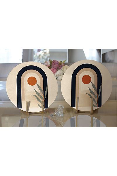 Realhomes 2-Piece Cream Floored Minimal Drawing Digital Printed Modern Round Plate & Placemat