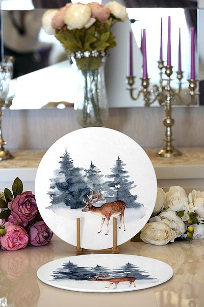 Realhomes 2-Piece Watercolor Drawing Deer Design Digital Printed Modern Round Plate & Placemat