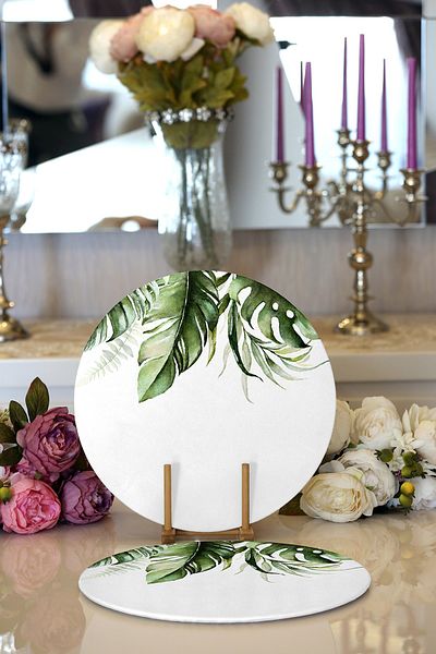 Realhomes 2-Piece Green Tropical Leaf Motif Digital Printed Modern Round Plate & Placemat