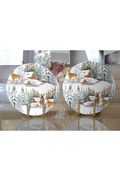 Realhomes 2-Piece Winter Themed Vineyard House & Deer Design Digital Printed Modern Round Plate & Placemat