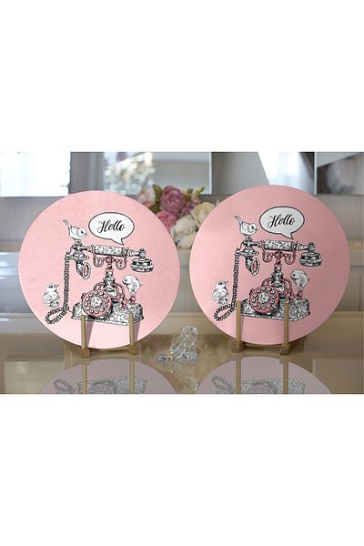 Realhomes 2-Piece Pink Floor Antique Phone Design Digital Printed Modern Round Charger & Placemat