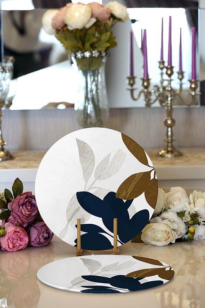 Realhomes 2-Piece Special Design Leaf Motif Digital Printed Modern Round Plate & Placemat