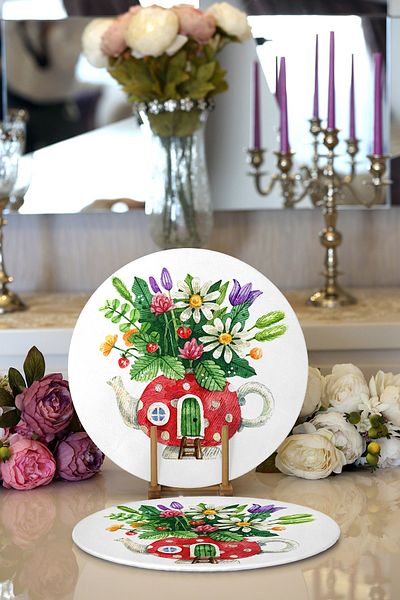 Realhomes 2-Piece Cute Teapot Vase Designed Digital Printed Modern Round Supply & Placemat