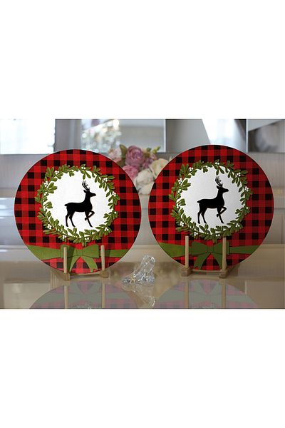 Realhomes 2-Piece Plaid Floor Wreathed Deer Motif Digital Printed Modern Round Plate & Placemat