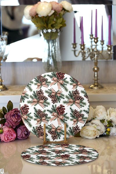 Realhomes 2-Piece Special Design Pinecone Design Digital Printed Decorative Round Plate & Placemat