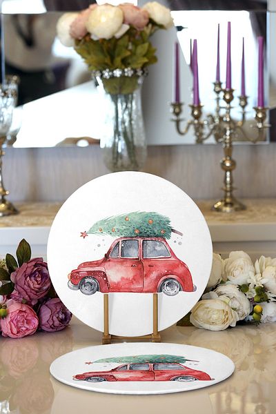 Realhomes 2-Piece Christmas Themed Car Design Digital Printed Decorative Round Charger & Placemat