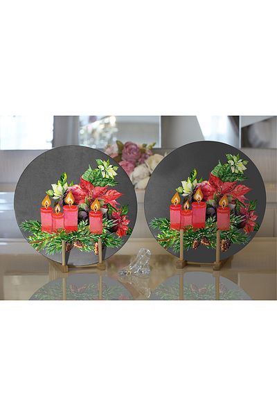 Realhomes 2-Piece Gray Floor Pine Leaf Candle Design Digital Printed Decorative Round Charger & Placemat