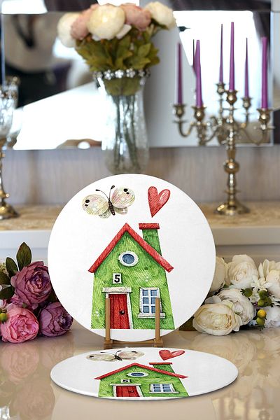 Realhomes 2-Piece Miniature Green House Drawing Digital Printed Modern Round Plate & Placemat