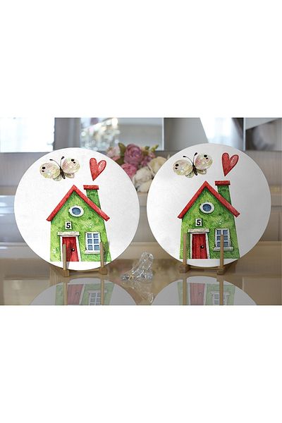 Realhomes 2-Piece Miniature Green House Drawing Digital Printed Modern Round Plate & Placemat
