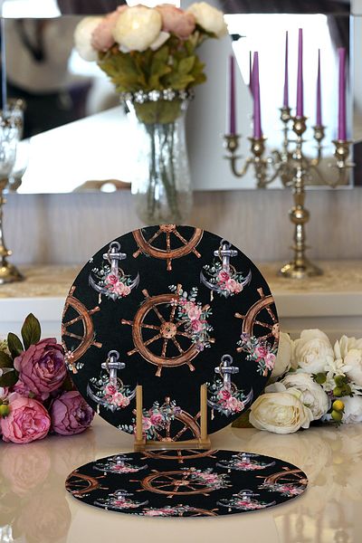 Realhomes 2-Piece Black Floor Anchor & Rudder Designed Digital Printed Modern Round Plate & Placemat
