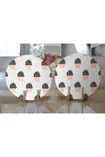 Realhomes 2-Piece Cream Sandblasting Floor Cactus Design Digital Printed Modern Round Plate & Placemat