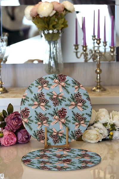 Realhomes 2-Piece Blue Floor Pinecone Design Digital Printed Modern Round Plate & Placemat
