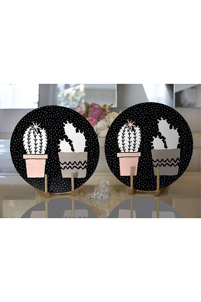 Realhomes 2-Piece Black Sandblasting Floor Cactus Design Digital Printed Modern Round Plate & Placemat