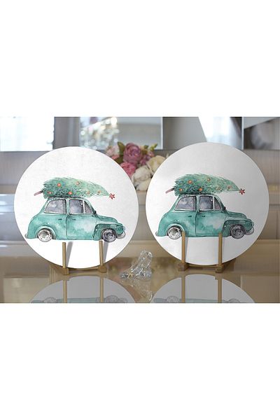 Realhomes 2-Piece Christmas Themed Car Design Digital Printed Modern Round Charger & Placemat