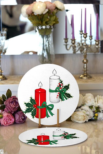 Realhomes 2-Piece White & Red Ribbon Candle Motif Digital Printed Decorative Round Charger & Placemat