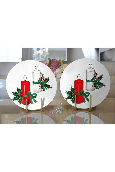 Realhomes 2-Piece White & Red Ribbon Candle Motif Digital Printed Decorative Round Charger & Placemat