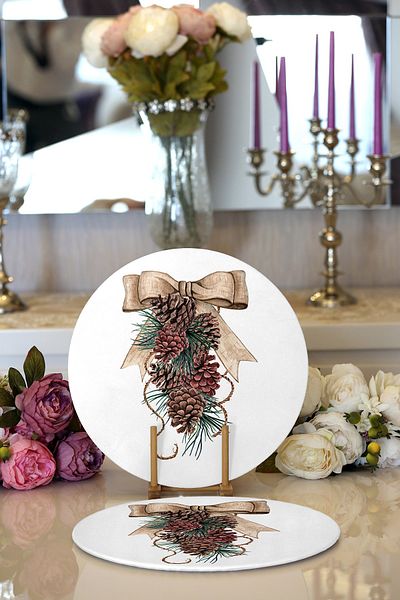Realhomes 2-Piece Ribbon Pinecone Motif Digital Printed Decorative Round Plate & Placemat