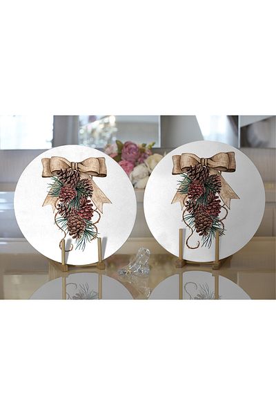 Realhomes 2-Piece Ribbon Pinecone Motif Digital Printed Decorative Round Plate & Placemat