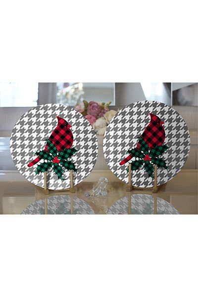 Realhomes 2-Piece Plaid Bird Leaf Design Digital Printed Modern Round Plate & Placemat