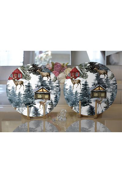 Realhomes 2-Piece Vineyard House Designed Winter Themed Digital Printed Decorative Round Plate & Placemat