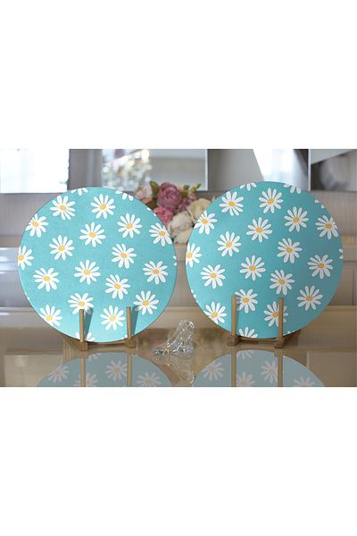 Realhomes 2-Piece Blue Floor Daisy Drawing Digital Printed Modern Round Plate & Placemat