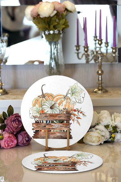 Realhomes 2-Piece Case Pumpkin Motif Digital Printed Decorative Round Plug & Placemat