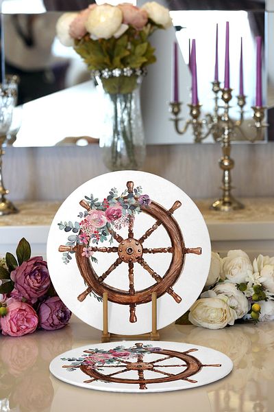 Realhomes 2-Piece White Floor Plain Rudder Design Digital Printed Modern Round Plate & Placemat