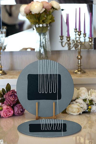 Realhomes 2-Piece Abstract Style Digital Printed Decorative Round Plate & Placemat with Onedraw Drawing