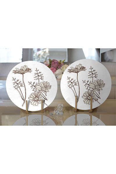 Realhomes 2-Piece Charcoal Flower Patterned Digital Printed Decorative Round Charcoal & Placemat