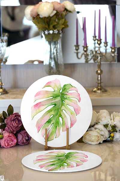 Realhomes 2-Piece Exotic Leaf Design Digital Printed Modern Round Plate & Placemat