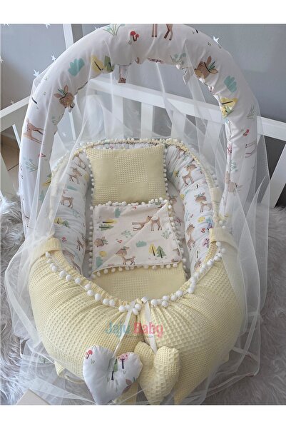 Jaju Baby Babynest Sarı Wafle Pike Kumaş Ceylan Ponpon Cibinlik Tüllü Ve Oyun...