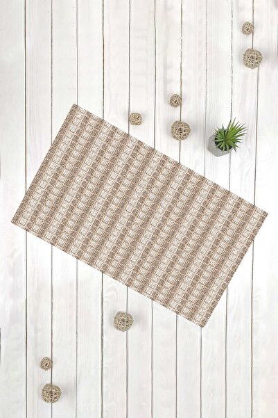 Evsebu Mini Kare Motif Kahve Bej Kaymaz Tabanlı Dekoratif Kilim