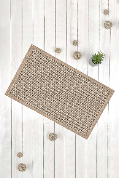 Evsebu Mini Motif Kahverengi Kaymaz Tabanlı Dekoratif Kilim