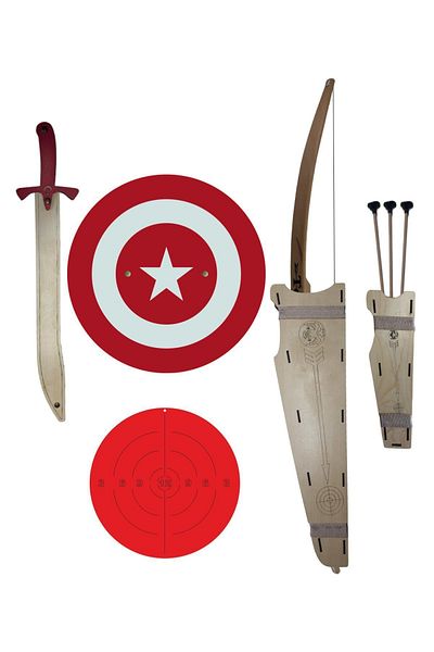Ahtek Natural Wooden Arrow Bow + Captain Turkey Shield + Sword + Bow Scabbard + Quiver + Target
