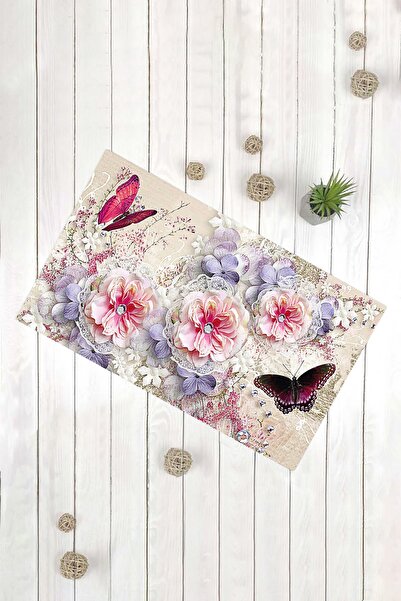 Evsebu Pembe Gül Ve Kelebek Desen Kaymaz Tabanlı Dekoratif Kilim