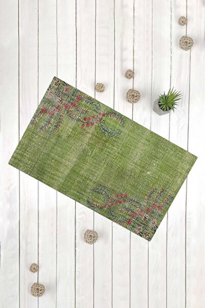 Evsebu Yeşil Zemin Pembe Çiçek Kaymaz Tabanlı Dekoratif Kilim