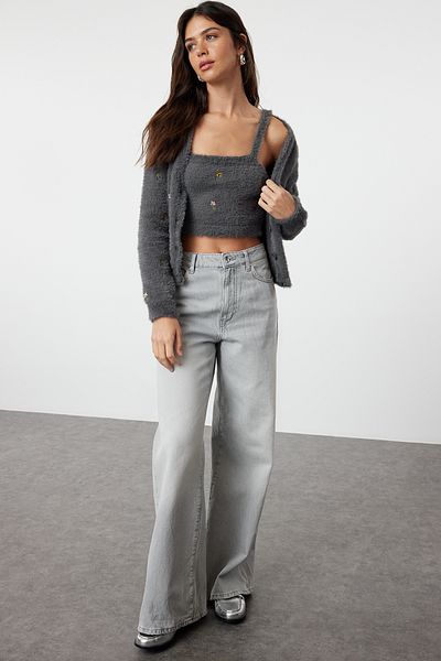 Trendyol Collection Anthracite Knitwear Blouse and Cardigan Set - Feather/Beard Rope Twoaw22Hi0055
