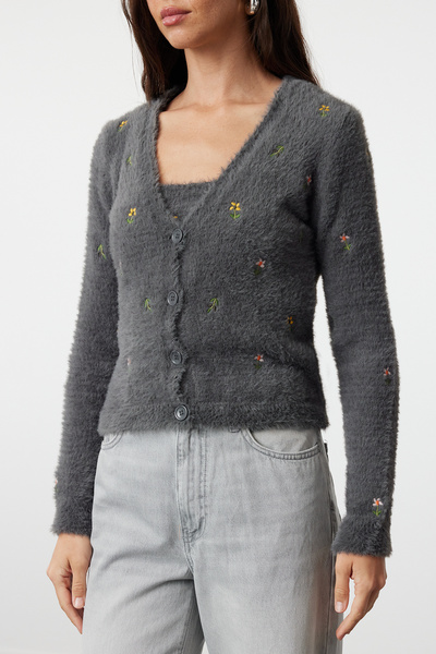 Trendyol Collection Anthracite Knitwear Blouse and Cardigan Set - Feather/Beard Rope Twoaw22Hi0055