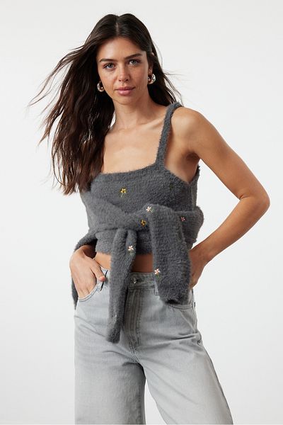 Trendyol Collection Anthracite Knitwear Blouse and Cardigan Set - Feather/Beard Rope Twoaw22Hi0055