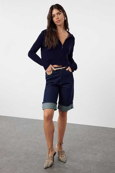 Trendyol Collection Sötétkék Crop cipzáras kötöttáru kardigán TWOAW21HI0154
