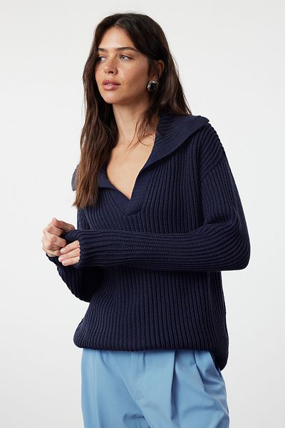 Trendyol Collection Turndown galléros sötétkék kötöttáru pulóver - TWOAW25KZ00004